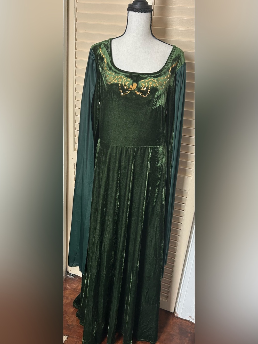 Medieval Renaissance Green Velvet Maxi Dress with Gold Embroidered Neckline New